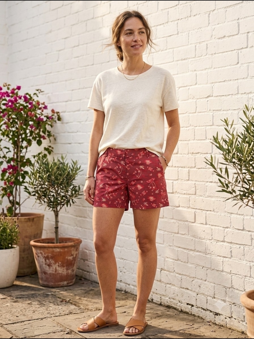 Joe Fresh Women's Red Palm Tree Tropical Print Shorts Retro Surf